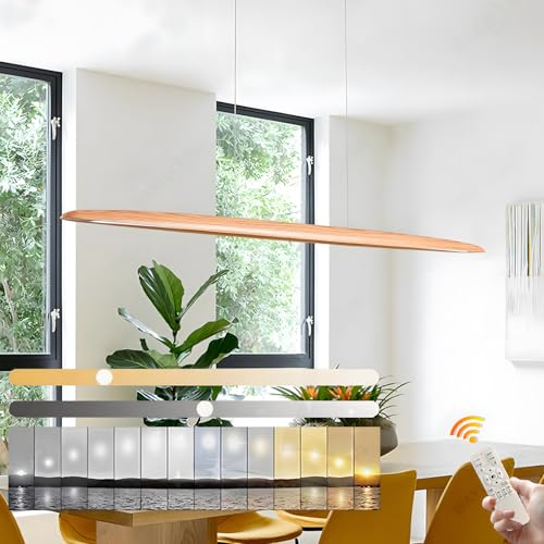 YYUTLUO LED Holz Pendelleuchte Esstisch Pendelleuchte, Dimmbar mit Fernbedienung Pendellampe, Höhenverstellbar, Modernes Geradliniges Design Wohnzimmerlampe Hängend für Büro Esszimmer (100cm)