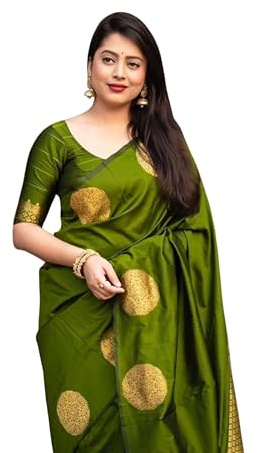 C J Enterprise Sari Banarasi en soie pure pour femme Style Kanjivaram avec chemisier pour mariage (KeriGola), Mehendi, taille unique