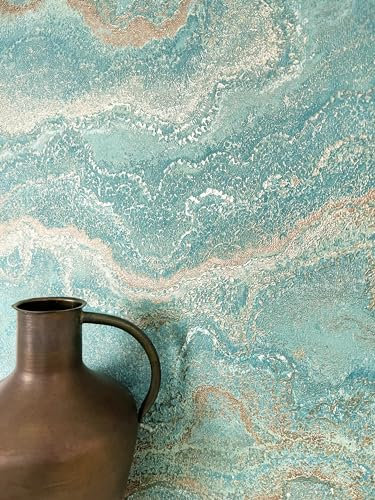 Newroom Tapete Türkis Vliestapete Marmor - Marmortapete Modern Blau Rosegold Metallic Struktur Marmoroptik 3D Optik Glanztapete Luxuriös inkl. Tapezier-Ratgeber