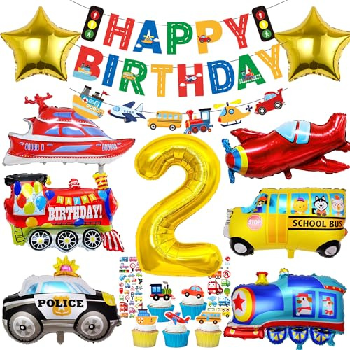 Decoración de coche de 2º cumpleaños para niño – Dos Fast Cumpleaños Decoración de Cumpleaños, Barco Avión Tren Autobús Escolar Coche de Policía Transporte Globo Transporte Car Decoración para