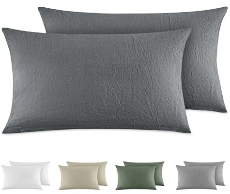 Dreamzie Kissenbezug 40x80 cm 2er Set - 100% Gewaschene Baumwolle, Dunkelgrau, Kissenbezüge Oeko-TEX Zertifiziert, Leinenoptik und Atmungsaktiv Kissenhülle, Kopfkissenbezug mit Reißverschluss