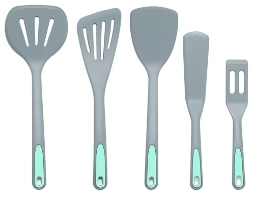 To encounter 5 Pieces Silicone Spatula Set, Non-Stick Turner | Heat Resistance Cooking Utensils, Flip Turner for Fish, Egg, Pancake, Dishwasher Safe, Light Grey