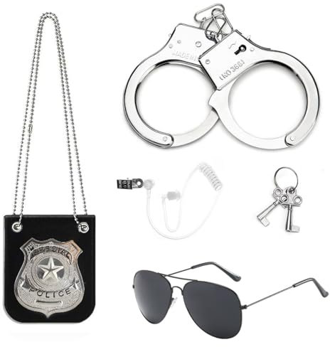 Meleager Accesorios Disfraz Policia Niños, Placa de Policía, Esposas con Llave, Gafas de Sol, Tapones para los Oidos, para Cosplay, Halloween, Carnaval