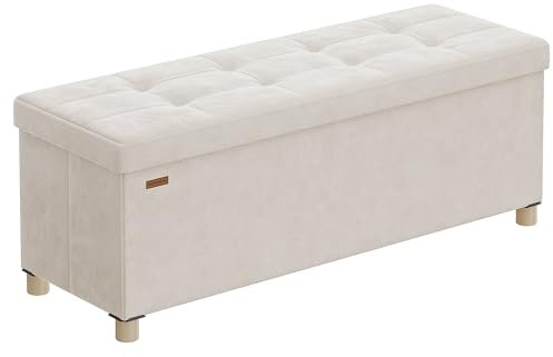 SONGMICS Storage Ottoman, 38 x 110 x 40 cm, Folding Storage Bench with Lid, Footstool, Footrest, 112 L, Velvet Surface, for Bedroom, Hallway, Living Room, Cappuccino Beige LSF0518W03
