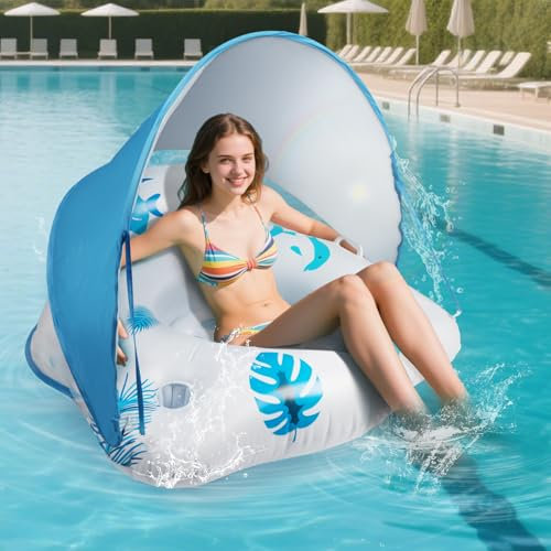 YOOHBERRYS Bouee Piscine Adulte, Solaire Bouée Gonflable Piscine avec Parasol Amovible, Matelas Piscine Gonflable avec Lumières Colorées, Porte-Boissons et Poignées pour Piscine Adulte