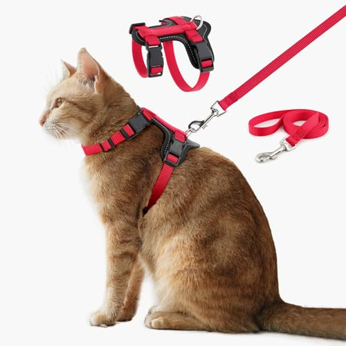 Plutus Pet Adjustable Cat Harness and Leash Set, Quick Release, Escape Proof Nylon Vest with Leather Trim for Kitten, Small Medium Large Cats, Red