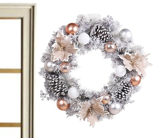 Vinterkrans - 40 cm snöig julkrans med grankottar, silverbär | semester väderbeständig och utomhus julkransar för fönsterdörrar