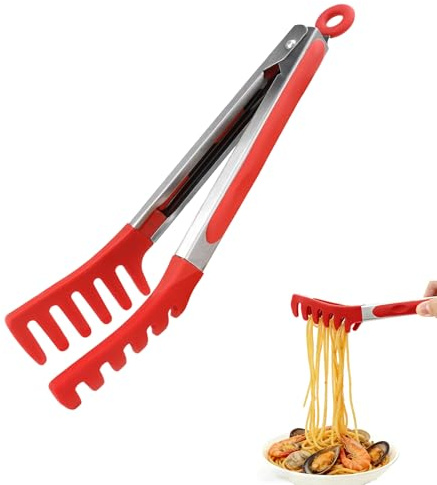 Pinze per spaghetti in acciaio inox, pinze per spaghetti, con scimmie in silicone e manici gommati, colore rosso