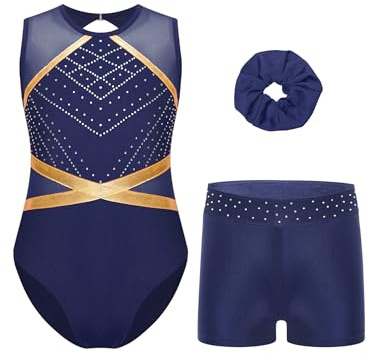 Eandarui Gymnastics Outfit Set for Girls Patchwork Sleeveless Leotard Unitards with Shorts and Headwear Navy Blue 11-12 Years