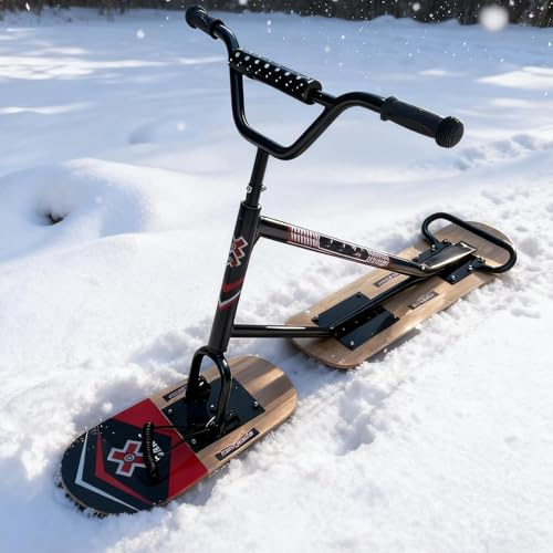 Patinete de nieve / trineo – Marco de aleación de aluminio reforzado, patinete de nieve ligero, esquí trasero con mango de dirección de 360°, para senderos de campo, pendientes arregladas color madera