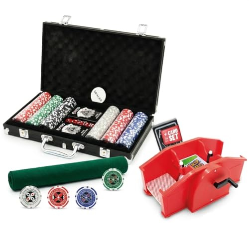 Kyto Poker Bundle – 300-tlg. Pokerkoffer Set mit Pokerchips, 2X Karten & Pokermatte + Manuelle Kartenmischmaschine mit Handkurbel inkl. Kartendeck – Texas Hold’em Komplettset