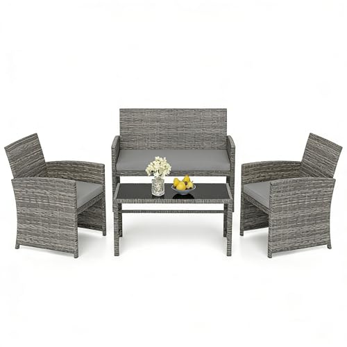 GIANTEX Set di mobili in rattan da giardino, 4 pezzi, divano a 2 posti, 2 poltrone, tavolino da salotto con piano in vetro, per 4 persone, tavolo e sedie per terrazza, patio (grigio)
