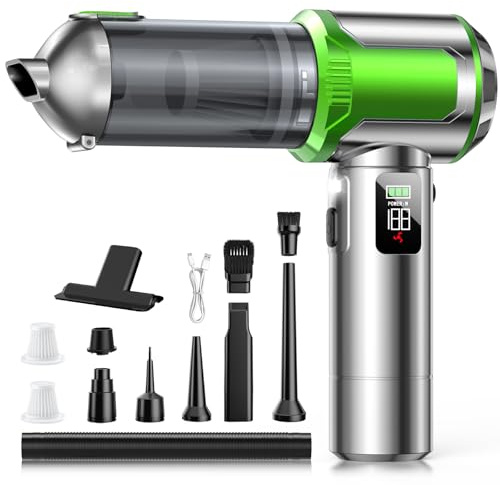 Aspirador de Mano, 17000Pa Aspirador Sin Cable, Descarga de Polvo con un Solo Toque, 3 Niveles Motor Sin Escobillas 4 en 1 Aspirador Coche con Pantalla HD/Iluminación LED/Carga Rápida, Plata & Verde