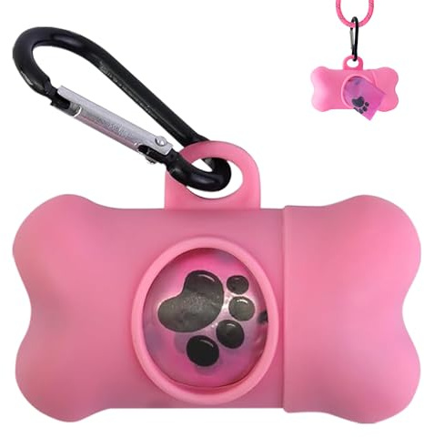 Dog Poop Bags Dispenser with Carabiner Clip, Doggy Poop Bag Holders for Leashes Include 1 Roll (15 Bags) Leak-Proof Large Lavender Scented Doggie Pet Waste Bags, Dog Accessories Girl, Pink