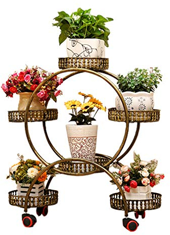 KDDEON Blumenständer Schmiedeeisen,Blumentreppe Indoor,Pflanzenregal Mehrstöckig Wohnzimmer Balkon,Blumentopf Rack mit Universalrad,Höhe 80/95cm