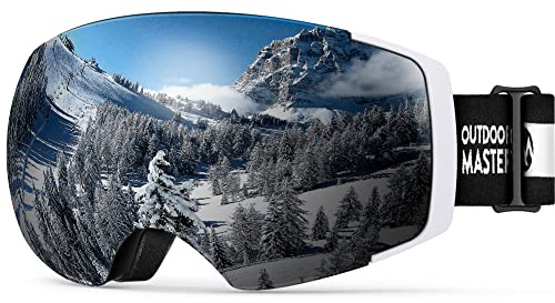 OutdoorMaster Maschera da Sci PRO, Senza cornice, Lenti intercambiabili Occhiali da Sci Snowboard, Protezione UV400 Maschera Sci da Donna&Uomo (A11-Bianca Montatura Revo Lente Argento VLT10%)