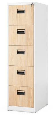 Jan Nowak Armoire pour Dossiers Suspendus Métallique avec 5 Tiroirs Revêtement en Poudre Tôle d'acier (Blanc/Imitation Bois)