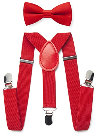 RSXING Kinder Hosenträger Fliege Sets - Jungen Hosenträger Fliege, Elastisch Y Gestalten mit Stark Clips Verstellbare Hosenträger Sets für Jungen, Kinder, Mädchen, Baby (Rot)