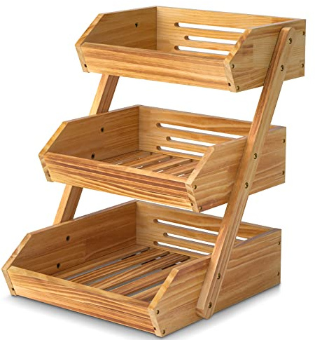 Merysen 3 Tier Wooden Fruit Basket For Kitchen, Bread Vegetable Fruit Basket Bowl Stand, Farmhouse Fruit Bowl for Countertop, Large