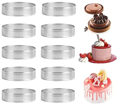 Tiamu 10Pcs Runde Tortenring Tartelette Förmchen, Dessertringe Torten Ringe mit Löchern, Perforiert Kuchenform Mousse Ring, Runde Backringe Kuchenring Backen Werkzeuge