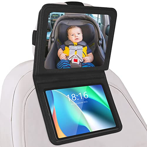 Brislut Baby Car Mirror with Adjustable Tablet Holder, Road Trip Essentials for Kids, Backseat Mirror to See Rear Facing Infant, Ipad Case for Car Headrest