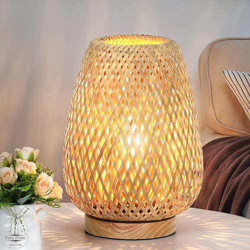 Rattan Table Lamp, Stepless Dimmable Small Beside Lamp, Vintage Wicker Wooden Nightstand Boho Bamboo Woven End Table Lamps for Bedroom Living Room Desk Kids Room, 2700K ST58 LED Bulb Included