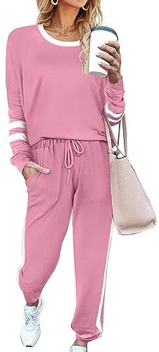 Aloodor Loungesweat Suits for Women Set 2 Piece Tracksuit Round Neck Sweatsuits Sets Grey Pink XXL