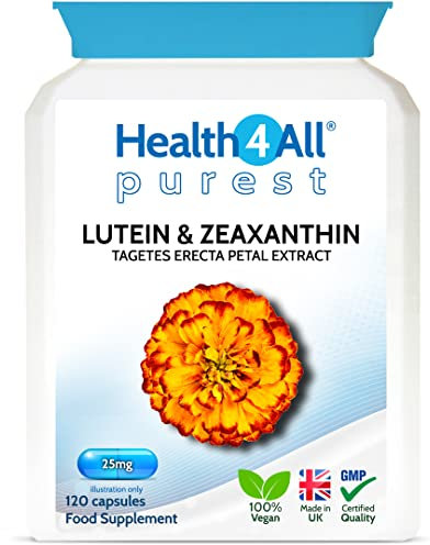 Health4All Lutein and Zeaxanthin Supplement 25mg per Capsule, 120 Capsules 4 Months Supply, Purest Eye Health Marigold Extract Supplement, Natural Eye Vitamins for Vision Care & Floaters | Made in UK