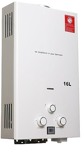 Lfhelper 16L 32KW Gasdurchlauferhitzer, LPG Warmwasserbereiter, 4.3 GPM Propangas Tankloser Kesselbrenner Sofort-Heißwasserbereiter mit Duschkopf-Kit für Kleine Häuser, Kabinen, Campingdusche weiß