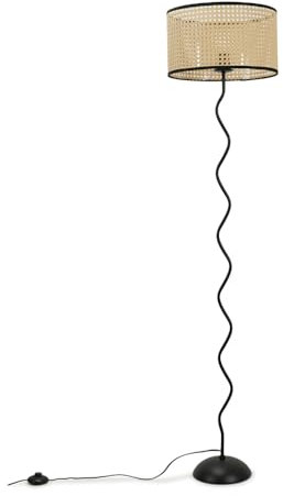 ValueLights | Black Metal Wavy Single Stem Floor Lamp Base with Natural Wicker Black Trim Shade | Floor Lamps, Home Décor & Improvement Essential | Includes Bulb [2700K Colour Temperature]