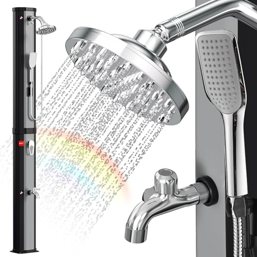 Eulenke Douche Solaire Piscine 60 litres INCL Capot de Protection et Douchette à Main, Maximum 60°C, Douche Camping avec Douche de Pied et pommeau de Douche Rond, Douche Exterieur Argent et Noir