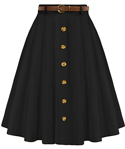 Belle Poque Women's Vintage Skirts Stretch High Waist A-Line Midi Skirts with Pockets & Belts Black