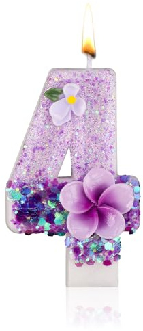 Vela con Números para Cumpleaños, Vela con Números para Cumpleaños con Flores Moradas Vela con Números Brillo y Encanto Vela con Números de Parafina para Fiestas de Cumpleaños (Número 4)