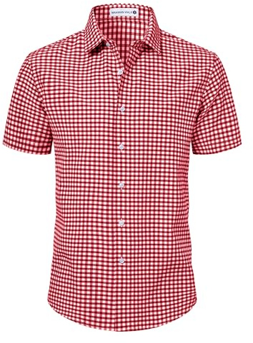 Manwan walk Mens Short Sleeve Plaid Casual Button Down Shirts Gingham Regular Fit Dress Shirts Red/White L