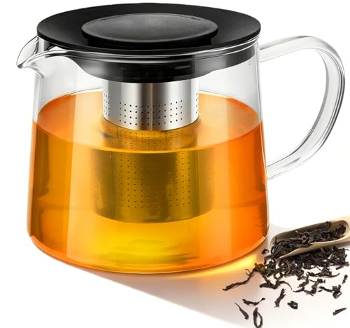 Teiera in vetro borosilicato resistente al calore, 1,5 l, teiera in vetro con colino da tè e coperchio, in vetro borosilicato per tè sfuso, tè alla frutta e tisane