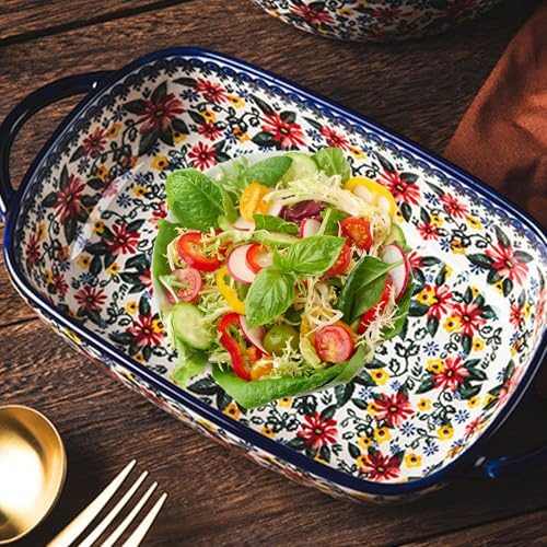 Fuente para Hornear, Fuente para Horno de cerámica Resistente al Calor de 730 ml con Asas Dobles, Lasaña Rectángulo con Estampado de Margaritas, Cazuelas Lavables Antideslizantes para Cocina, Figürch