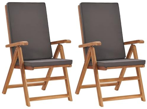 LoogCape trädgårdsstolar 2 st. med kuddar, teak i massivt trä, grå, vikbar och justerbar med 5 fack, väderbeständig med stoppad kudde, perfekt som balkongstol, terrassstol