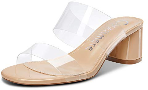Castamere Zapatos de Tacón Mujer Punta Abierta Moda Sandalias Talón Abierto Transparente Ancho Tacón 5CM Beige Desnudo Zapatos EU 36.5