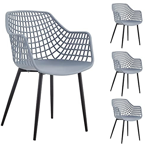 IDIMEX Lot de 4 chaises Lucia pour Salle à Manger ou Cuisine au Design Retro avec accoudoirs, Coque en Plastique Gris Clair et 4 Pieds en métal laqué Noir