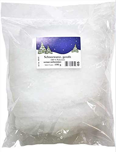 SCHNEE-WATTE, Dekoschnee, Kunstschnee, Schnee, Basteln. Bastelmaterial, Bastelwatte, weiß GEROLLT 100g