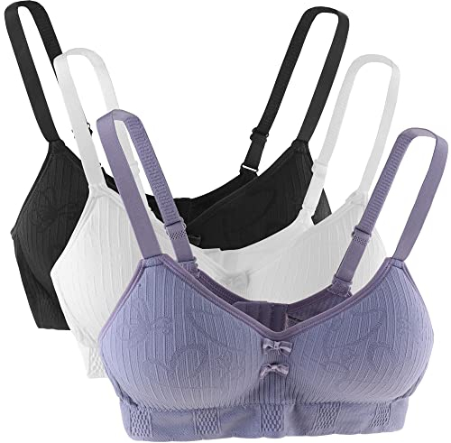 Anntry Teen Girls Cotton Bras Breathable Underwear Wire Free Sports Bra with Adjustable Straps Training Bralette for Women Girls (Pack of 3)