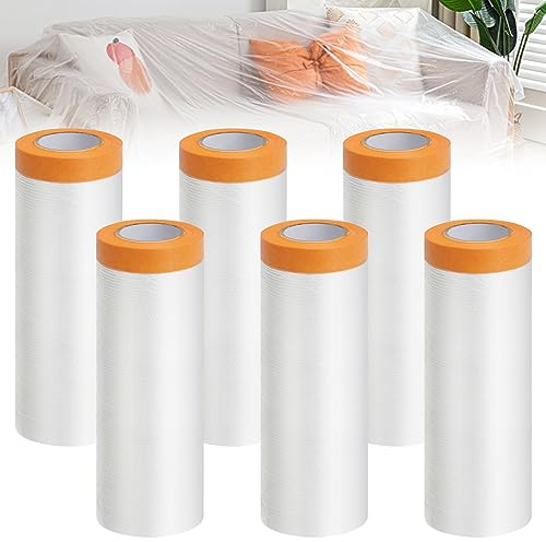 ANZOAT 6 Rollen Abdeckfolie Klebeband,150cm*20cm Transparent Abdeckfolie mit Gewebeklebeband,Selbstklebend Maler Abdeckfolie,UV Beständig PET Masker Tape Goldband Masker zum Staubschutz