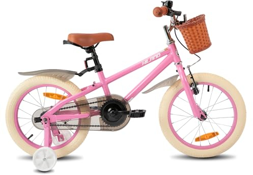 HILAND 16 Zoll Kinderfahrrad für Mädchen Jungen 4 5 6 7 Jahre mit Stützräder, Handbremse und Rücktrittbremse Korb Rosa