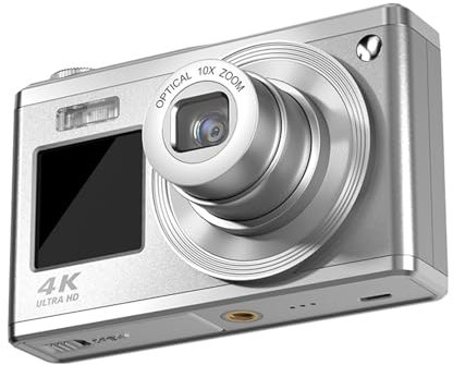 60MP 4K Digital Camer, Vlogging Camera with Front and Rear Dual IPS HD Screen, Compact Portable Mini Digital Camera, 10X Optical Zoom, Built-in Fill Light, Auto Focus (Silver)