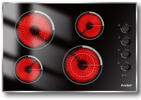 Cooksir Electric Cooktop 30 Inch - 4 Burner Built-in(29.13x19.3) Electrical Stovetop 7400W, 30 In Radiant Electric Stove with Glass Protection Metal Frame, Auto Shut Off, 220-240V Hard Wired