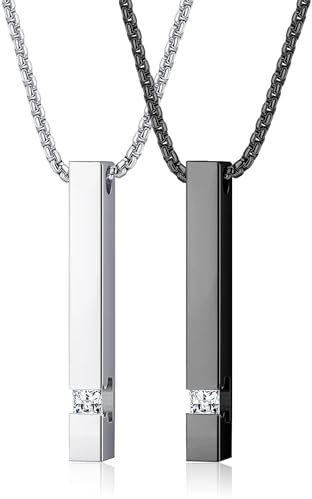 JeweBella 2 Stück Edelstahl Halskette Herren Schwarz Silber Box Kette mit Anhänger Quader Halskette Bar Anhänger Halskette 55CM Kette für Herren Männer Damen Pärchen Kette Schmuck Geschenk