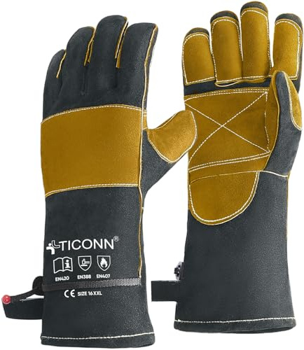 TICONN 16 Inch Welding Gloves, 1000°F Heat-Resistant Fireproof Leather Gloves for Welders, Stick, Forge, Mig, Tig, BBQ, Baking, Oven (Grey/Yellow, L)