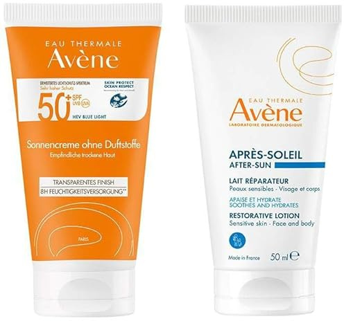 Avene Sonnencreme SPF 50+ ohne Duftstoffe 50 ml + gratis Repair - Lotion nach der Sonne 50 ml
