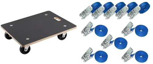 Meister 822020 Chariot à roulettes - Plaque Sérigraphie - Roues en PA - 590 x 490 mm - 400 kg & Amazon Basics 10 (Lot de 1) Sangles d’arrimage à cliquet, Longueur 6m, largueur 25mm, capacité 800kg