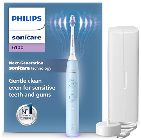Philips Sonicare 6100 elektrische Zahnbürste, Schallzahnbürste mit 2 Putzmodi, 3 Intensitätsstufen, Andruckkontrolle, EasyStart, SmarTimer, BrushPacer, Hellblau, Modell HX7406/02 [Neue Technologie]